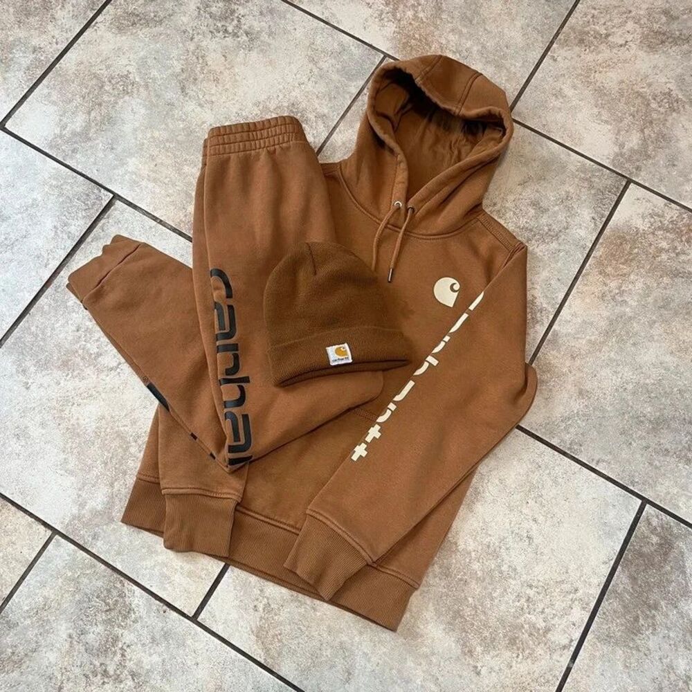 Carhartt 3-Piece Tracksuit Set Brown Hoodie XS Sweatpants Youth L Beanie